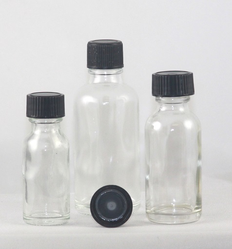 1 Oz Clear Glass Bottle 72 pc and 72 pc Large Black CAPS
